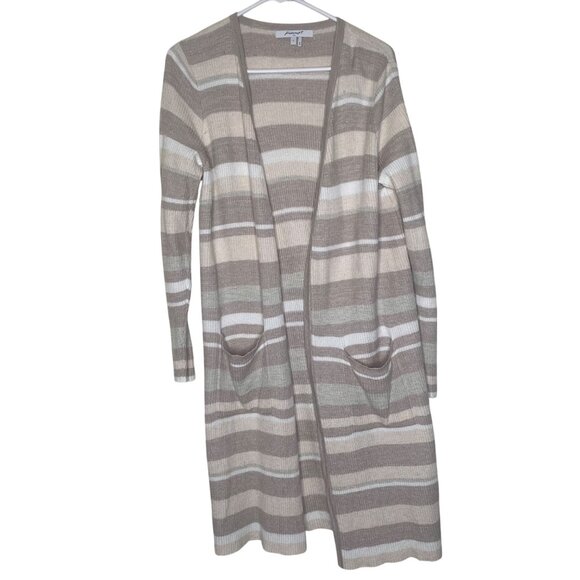 Foxcroft NYC Long Open Knit Cardigan Womens S Tan Beige Striped Lightweight - Picture 1 of 9